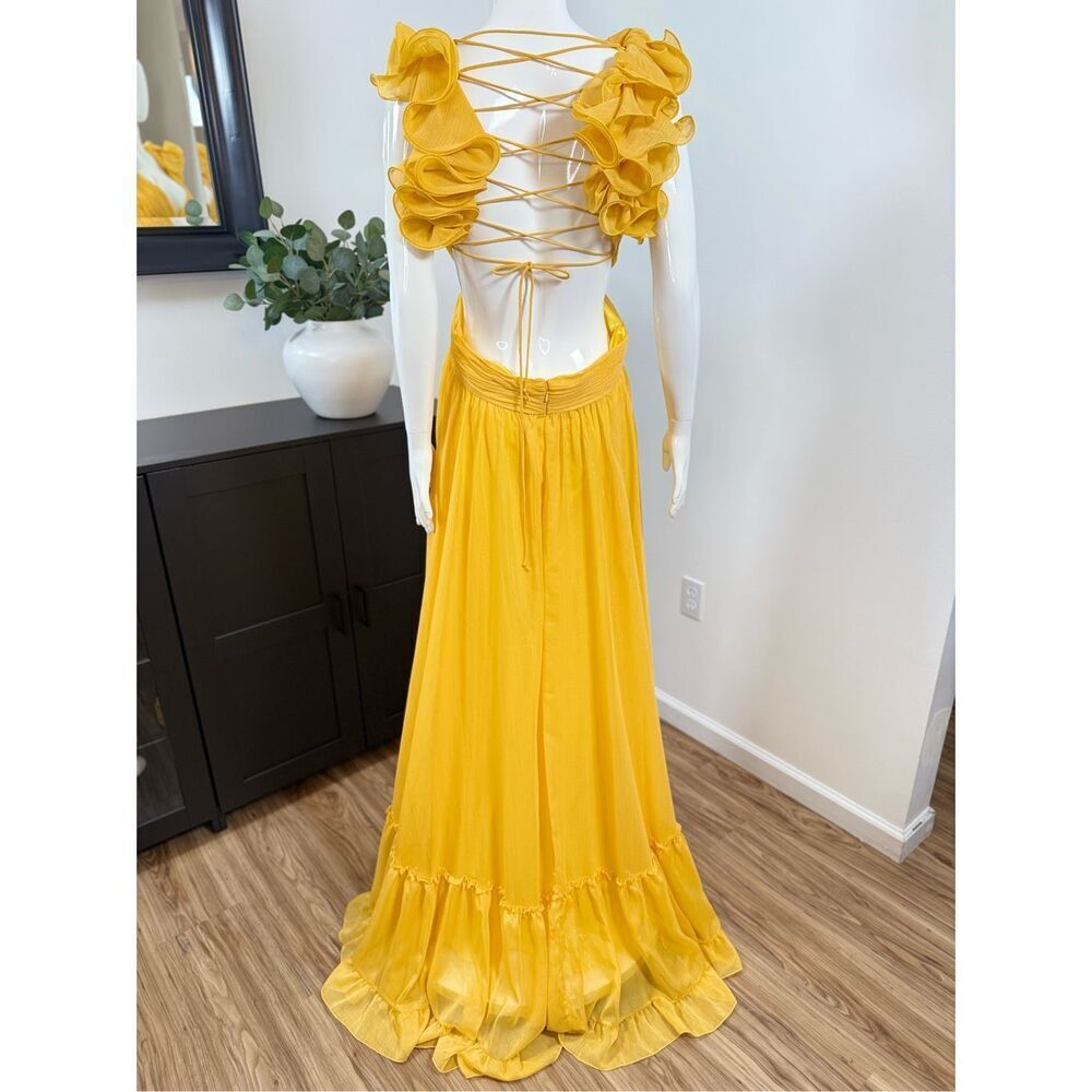 Mac Duggal Womens Chiffon Ruffle Sleeve V Neck A-Line Gown Marigold Size 10 - Picture 10 of 14